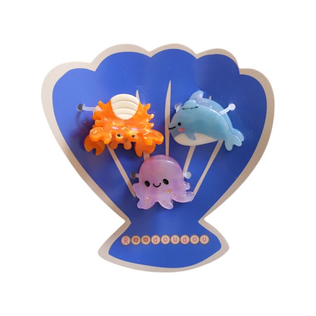 Set mit 3 Haarklammern Krabbe, Delfin, Oktopus