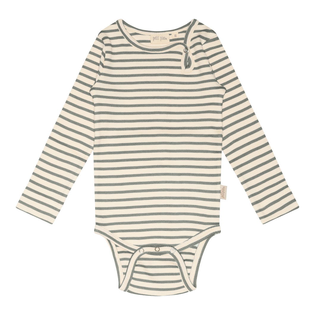 GESTREIFTER BODY LANGARM BALSAM GREEN/WEISS