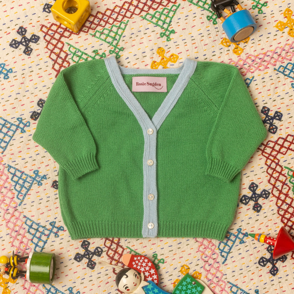 Kaschmir-Strickjacke Farn/Spa-Blau